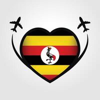 Uganda viagem coração bandeira com avião ícones vetor