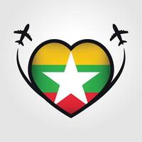 myanmar viagem coração bandeira com avião ícones vetor