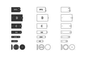 diferente tipos bateria ícone definir. tipos do tamanhos do pilhas c, aa, aaaa, aaa, energia, poder. plano ilustração isolado em branco fundo. vetor