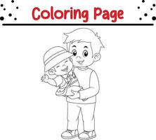 pai dele adorável bebê tendo Diversão com brinquedos coloração livro página para crianças vetor