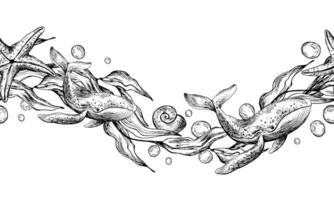 azul baleias, onda em forma algas marinhas com estrelas do mar e água bolhas. gráfico ilustração mão desenhado dentro Preto tinta. desatado padronizar fronteira eps . vetor
