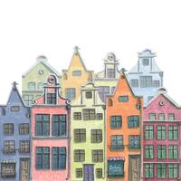 aguarela ilustração do uma composição do fofa velho Cidade casas. europeu multicolorido casas, pontes, desenho animado árvores, rua lâmpada, pombos, nuvens. para a Projeto do cartões postais, cartazes, faixas vetor