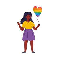 uma jovem mulher é segurando uma cor de arco-íris coração balão vetor