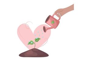 ilustração gesto do rega uma plantar com água a partir de uma rega pode. ilustração do uma mão fazer uma nutrir gesto para uma coração em forma plantar. vetor