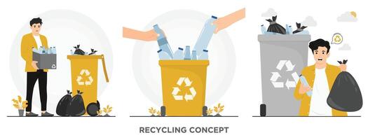 plano pessoas reciclando Lixo conceito ilustrador vetor