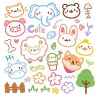 muito fofo rabisco mão desenhado crianças definir. colorida elemento do gato, panda, urso, coelhinho, cachorro e flores vetor