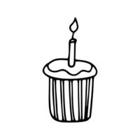 solteiro mão desenhado bolo com velas para saudações, aniversário cartão, cartazes, receita, culinária Projeto. isolado em branco fundo. rabisco ilustração. vetor