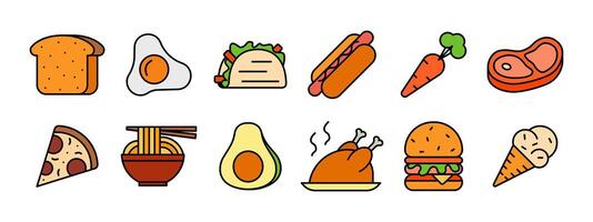 Comida conjunto ícone. pão, frito ovo, taco, quente cachorro, cenoura, bife, pizza, ramen, abacate, assado frango, hambúrguer, gelo creme cone. comida, cozinha. vetor