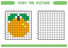 cópia de a foto, completo a rede imagem. educacional fichas de trabalho desenhando com quadrados, coloração célula áreas. crianças pré escola Atividades. desenho animado, pixel arte. laranja fruta ilustração. vetor