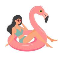 lindo menina dentro roupa de banho sentado em Rosa flamingo inflável anel. mulher relaxante e banho de sol. verão férias, feriado, viagem, lazer. vetor