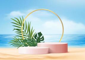 fundo do verão Cena da plataforma de exibição do produto 3d com plataforma de folhas de palmeira. vetor 3d do fundo do verão da nuvem do céu render na tela do oceano. expositor de produtos cosméticos para praia de pódio na areia