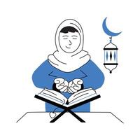 uma muçulmano mulher recitando piedosos alcorão, lendo Alcorão Prêmio ilustração vetor