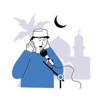 a muezim, uma pessoa quem recitar ligar do rezar, chamando adã, islâmico Rezar ilustração vetor