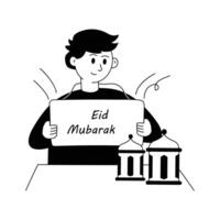 homem segurando eid Mubarak bandeira, eid cumprimento conceito ilustração vetor