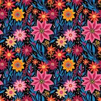 flor campo dentro brilhante néon rosa, azul, laranja, amarelo cores em preto, desatado aleatória padronizar. ótimo para têxtil, superfície, papel de parede, invólucro, tecido, decoração ornamento, página de recados construir papel. vetor