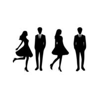 silhuetas do homens e uma mulheres, uma grupo do em pé o negócio pessoas, Preto cor isolado em branco fundo vetor