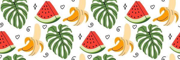 verão tropical desatado padronizar. melancia, banana e Palma folha. fundo com tropical flora e frutas. adequado para têxtil projeto, coquetéis bar, embalagem, papel de parede. ilustração. vetor