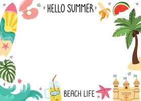 Olá verão quadro. de praia festa Projeto modelo. de praia fundo para vendas, Festa. feriado elementos. limonada, Palma árvore, prancha de surfe, mar ondas, conchas, areia castelo. ilustração. vetor