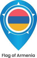identificar ícone com Armênia nacional bandeira isolado em branco fundo. mapa ponteiro símbolo para local na rede Internet, GPS navegador, aplicativos. ilustração dentro plano Projeto. localização marcador. geolocalização marca em a mapa vetor