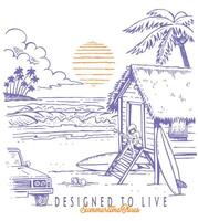 costeiro panorama ilustração dentro desenho animado estilo. simples desenhando do uma de praia casa cena com uma jovem homem jogando a guitarra. vetor