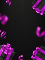 caixas pretas com fitas violetas. Banner de vetor estilo 3D