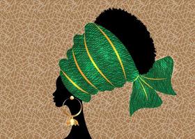 retrato de mulher africana bonita em turbante tradicional feito à mão com motivo tribal, cabeça kente africano com brincos étnicos, cabelo encaracolado afro de mulheres negras, silhueta de vetor isolada em fundo de batik