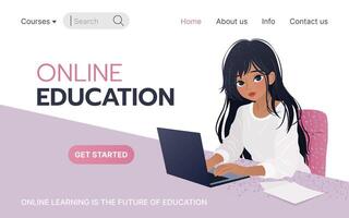 conectados Educação conceito. aterrissagem página modelo para conectados cursos, distância Educação, Internet estudo, treinamento. jovem mulher sentado e usando dela computador portátil. ilustração. vetor