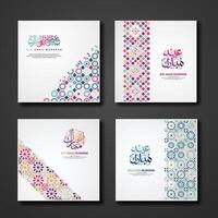 conjunto eid adha Mubarak cumprimento Projeto com ornamental colorida detalhe do floral mosaico islâmico arte enfeite vetor