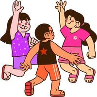 três crianças estão jogando juntos dentro uma desenho animado vetor