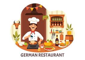 alemão Comida restaurante ilustração apresentando uma coleção do delicioso tradicional cozinha e bebidas em uma plano estilo desenho animado fundo vetor