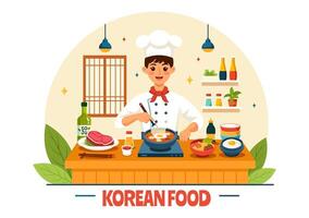 coreano Comida ilustração apresentando uma conjunto cardápio do vários tradicional e delicioso nacional pratos dentro uma plano desenho animado estilo fundo vetor