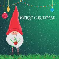 vetor cartão de natal com um pequeno gnomo em um chapéu vermelho e uma árvore de natal