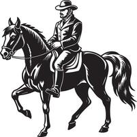 uma Preto e branco imagem do uma vaqueiro em uma cavalo. Preto e branco ilustração vetor