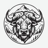 montanha búfalo logotipo, majestoso Preto e branco linha arte vetor