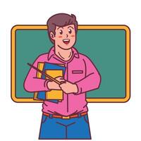 desenho animado masculino professor carregando uma livro, e uma quadro-negro atrás ele vetor