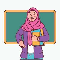 desenho animado do uma fêmea professor dentro uma hijab carregando uma livro, e uma quadro-negro atrás dela vetor