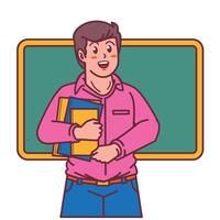 desenho animado masculino professor carregando uma livro, e uma quadro-negro atrás ele vetor