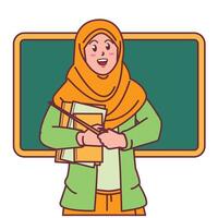 desenho animado do uma fêmea professor dentro uma hijab carregando uma livro, e uma quadro-negro atrás dela vetor