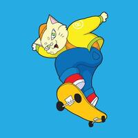 uma gato com uma amarelo moletom com capuz e pano calça saltos com dele skate elegantemente vetor