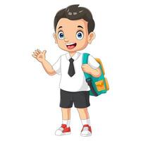 menino de escola dos desenhos animados em uniforme acenando a mão vetor