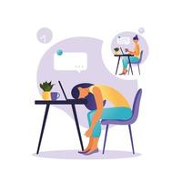 síndrome de burnout profissional. ilustração com trabalhador de escritório feliz e cansado feminino sentado à mesa. trabalhador frustrado, problemas de saúde mental. ilustração vetorial em estilo simples. vetor