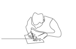 masculino pessoa escrevendo dentro papel caderno. homem assinatura o negócio finança contrato acordo linha arte vetor