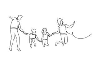 feliz família mãe Papai e crianças pulando período de férias período de férias estilo de vida linha arte vetor