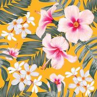 padrão sem emenda floral com hibisco rosa pastel e flores de frangipani em fundo amarelo isolado. ilustração vetorial desenhada à mão. para design de impressão de moda de tecido ou embalagem de produto. vetor