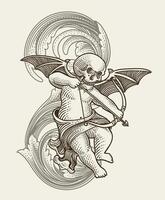 ilustração diabo cupido segurando arco e seta, gravação mão desenhado - eps 10 vetor