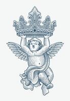 ilustração cupido anjo segurando coroa gravação mão desenhado estilo - eps 10 vetor