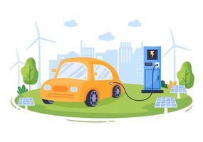 carregar baterias de carros elétricos com o conceito de carregador e plugues de cabo que usam meio ambiente verde, ecologia, sustentabilidade ou ar limpo. ilustração vetorial vetor