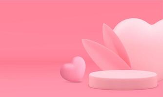 Rosa elegante feminino 3d pódio pedestal com coração parede para Cosmético produtos mostrar realista vetor