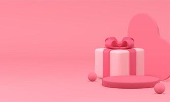 Rosa feminino 3d cilindro pódio pedestal com coração e presente caixa para produtos mostrar realista vetor