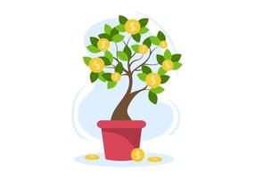 árvore do dinheiro de negócios financeiros investimento lucro design plano ilustração vetorial com notas de dólar e moedas de ouro para cartaz ou plano de fundo vetor
